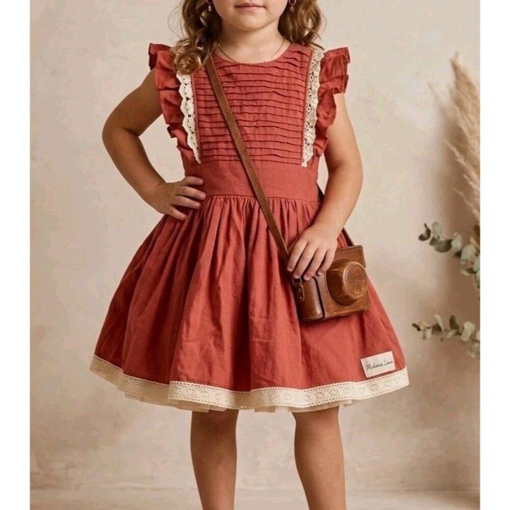 MAKENA LANE Girls Rust Cotton Lace Dress Size 4 Boho Vintage Style Special Event